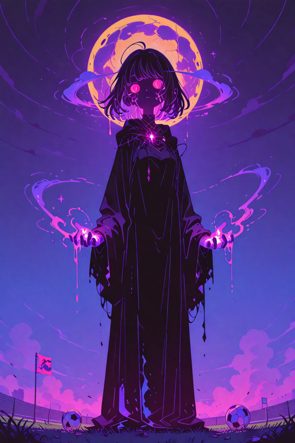 Surreal landscape with a lunar glow, featuring a hooded silhouette with faceless features. The silhouette is enhanced with glowing glyphs and symbols, emphasized by the character's large hood and long claws.