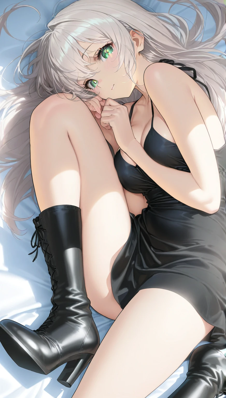 ((Biologically correct limb count and shape))、(( Full-body photo including face))、4K、((Standing position))、masterpiece、((Focus on the face))、((Symmetrical facial features))、Eye for detailed depiction、Beautiful blue-haired woman、Excellent style、Beautiful clavicle、Beautiful feet、Beautiful Hands、Slender body、(Patent leather camisole、flare skirt)、(Black stockings on legs)High heels、Facial detailing、Small earrings、necklace、(Low - Angle)、Silver Hair、((smug face)))、Close-up photo of the upper body、In the middle of changing、Panty shot、Nipples、(Lie down in bed)、The highest masterpiece、high quality、Photo-like illustration with white frame、