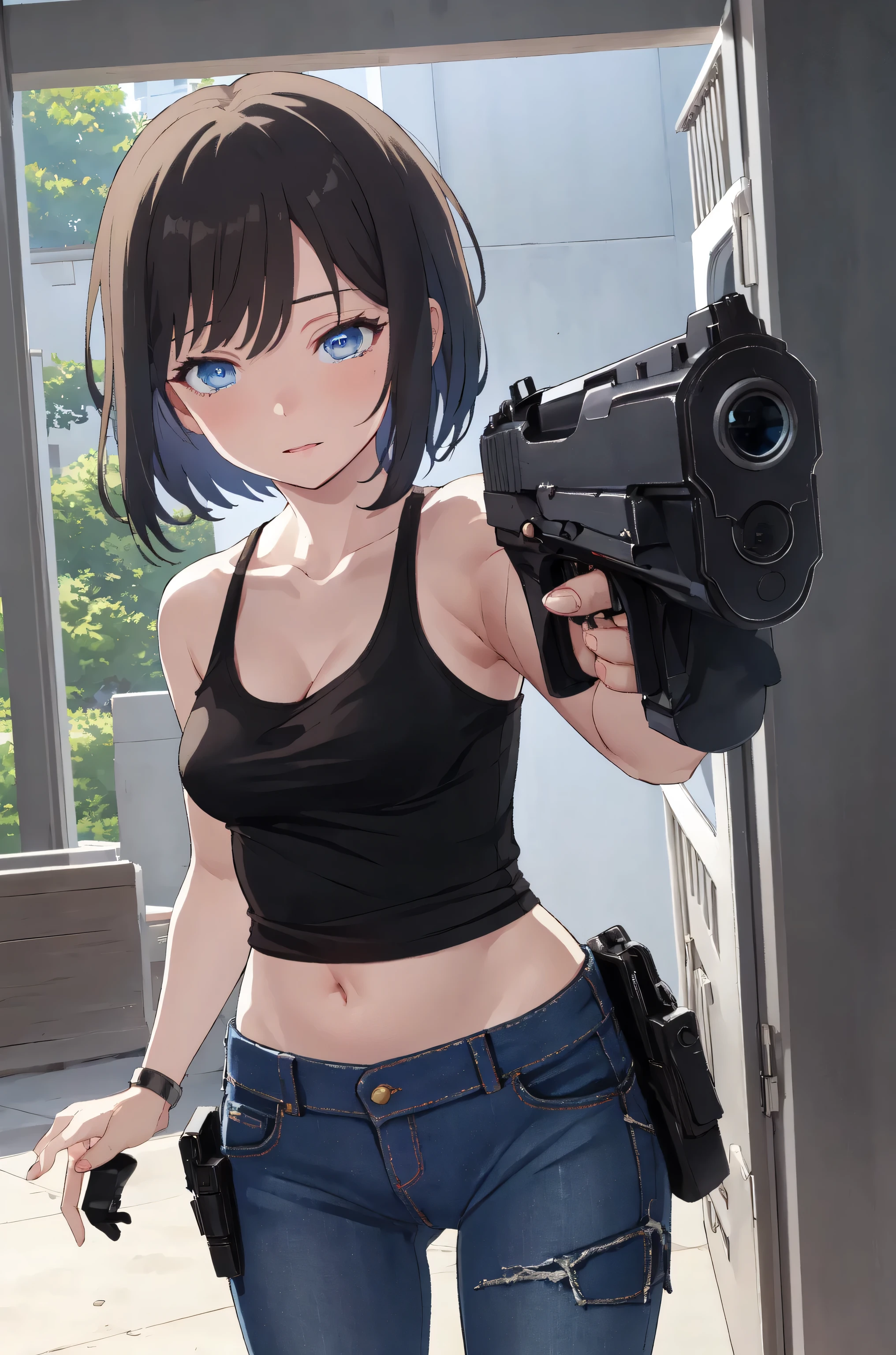 masterpiece, best quality, ultra detailed, elster, cyborg, 1girl, solo, blue eyes, short hair, blue layered tank tops, jeans, and combat boots, covered navel, holster aiming at viewer, handgun, holding pistol, upper body,