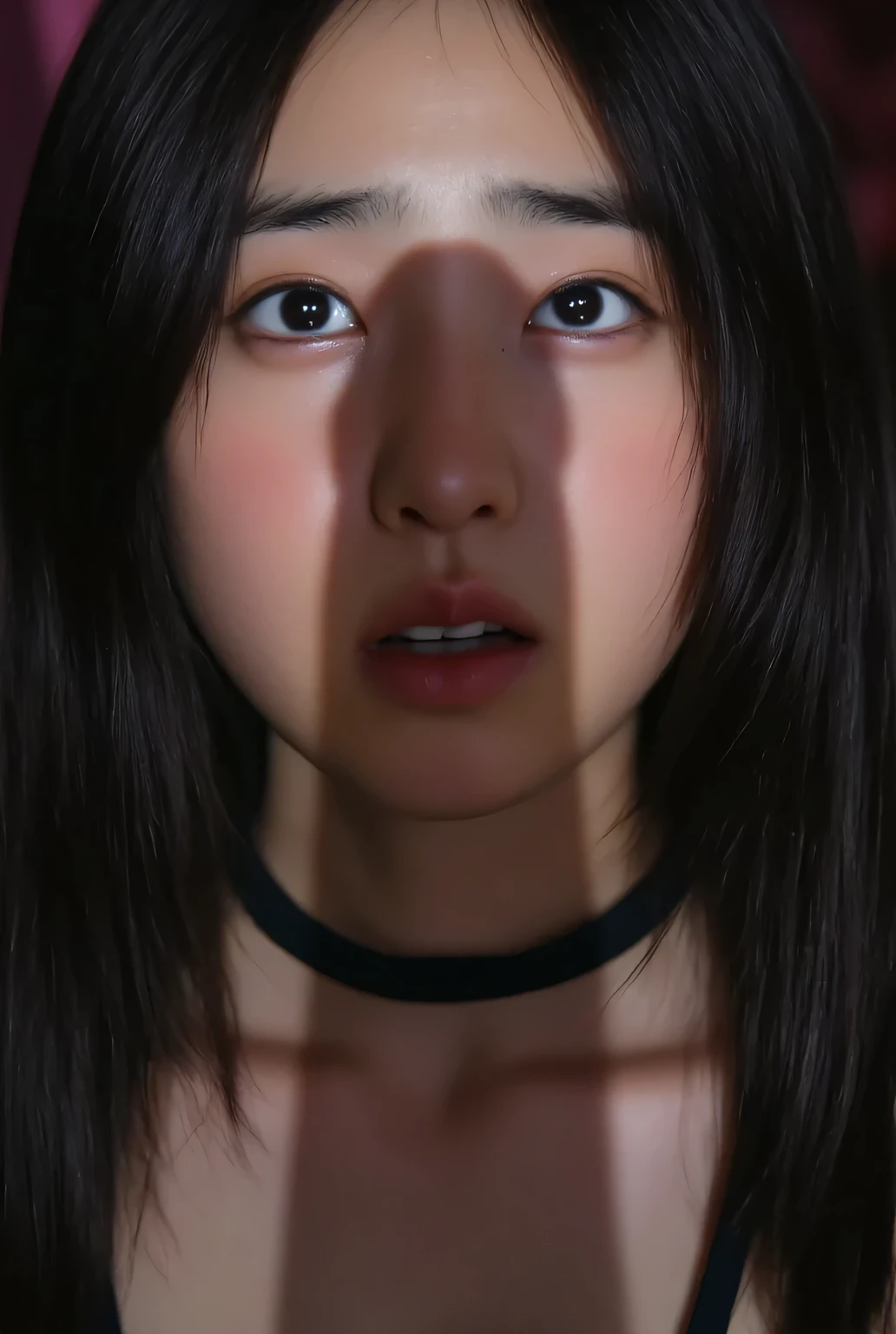 beautiful girl, Kneeling in front of viewers , the shadow of her huge penis is reflected on her face , she looks up at her penis with a surprised expression , Detailed facial features drawn from her genitals , photorealistic , Dramatic light , High Quality, 8k, Super Detailed, masterpiece.mouth