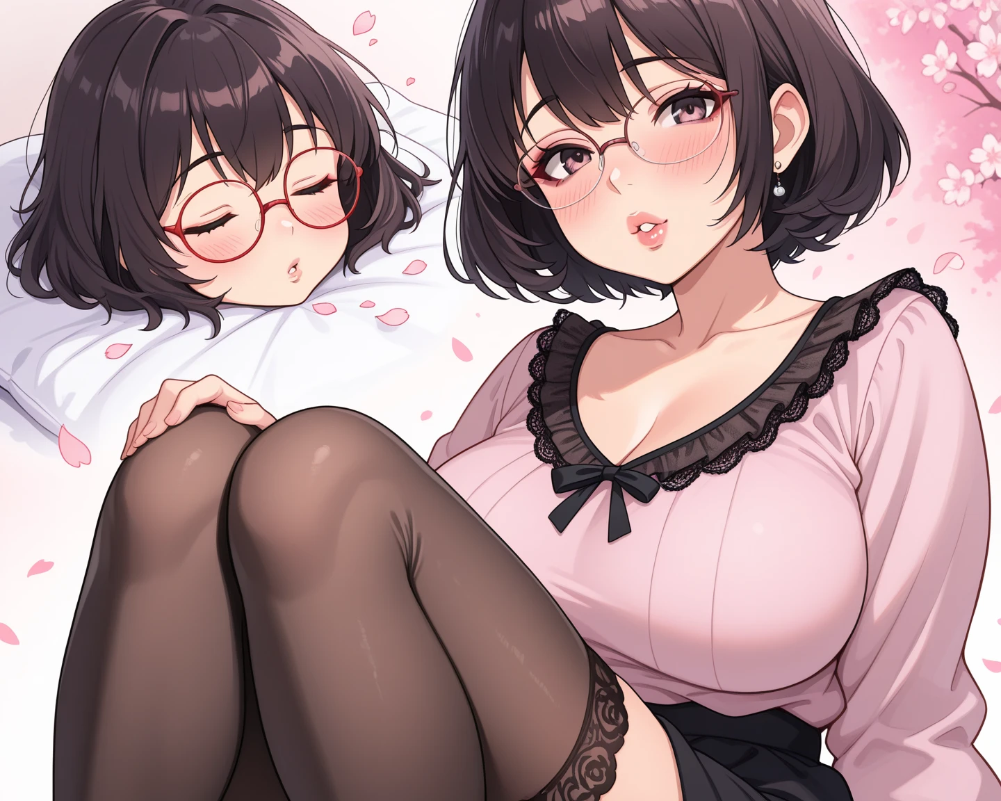 Girl、Big Breasts、Light brown short hair with outward curlischievous Smile、Red Glasses、Red Eyes、Animal Ears、Black Skirt、Black and red clothes、Under the sunset sky、Full body visual