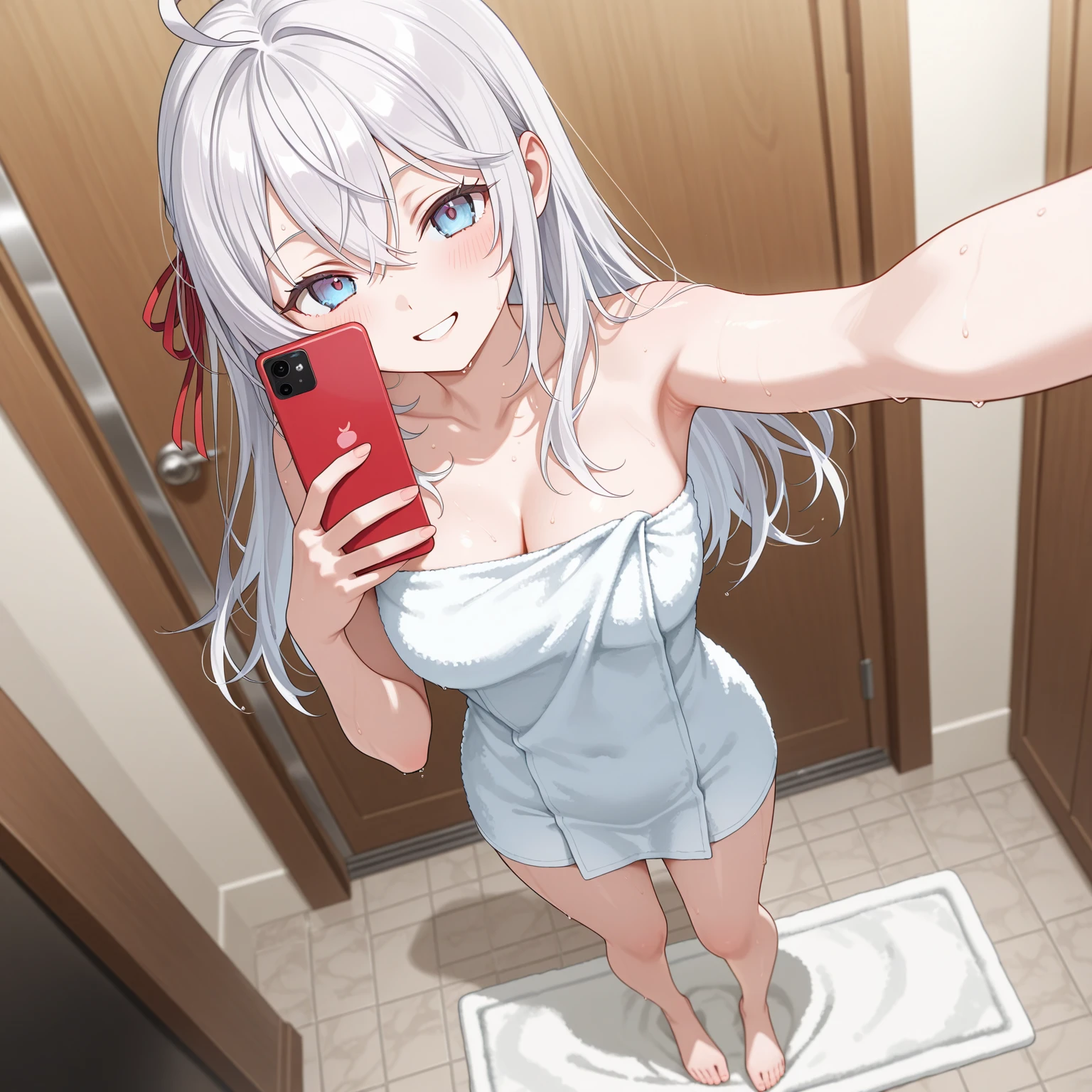 NSFW, white hair, blue eyes, medium straight hair, medium bust, adult female, solo, changing clothes, selfie, full body, blushing, shy, underwear, simple drawing