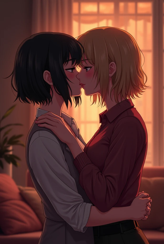Two girls kissing,Both are young,a girl is blonde with short hair,the other one has black hair,shoulder length with bangs,wears glasses and has brown skin tone