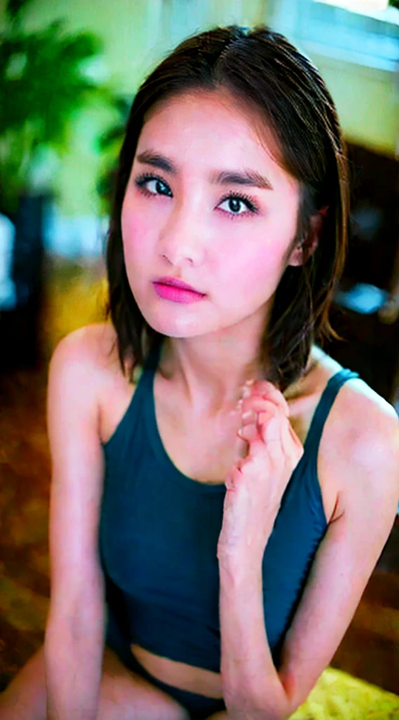 highest quality, masterpiece, Ultra-high resolution,8k,(((Face Focus:1.6))) (Realistic:1.6), (Portrait of a man kneeling with his legs spread apart) RAW Photos, 1 girl, 20-year-old,((Above the knee mini skirt)),stockings,((Short hair and headband)),,((Looking up at the audience)),Realistic,((background)), Image Media Chest)),((Smiling with teeth showing)),