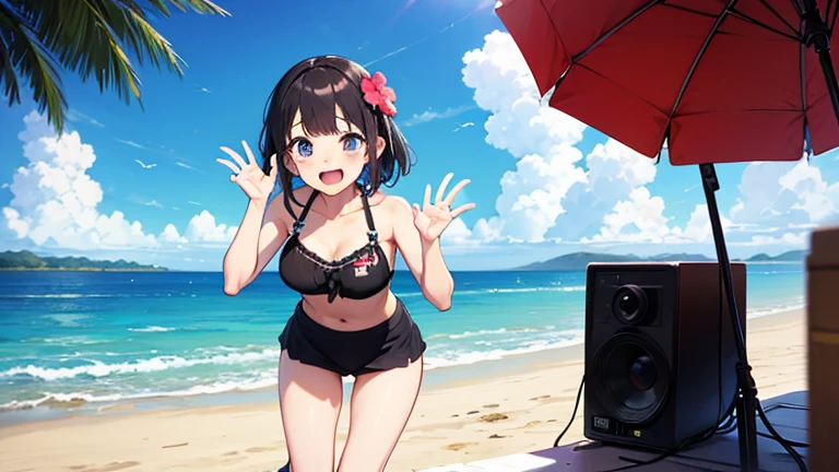 Staryuki in a very short swimsuit with cat headphones