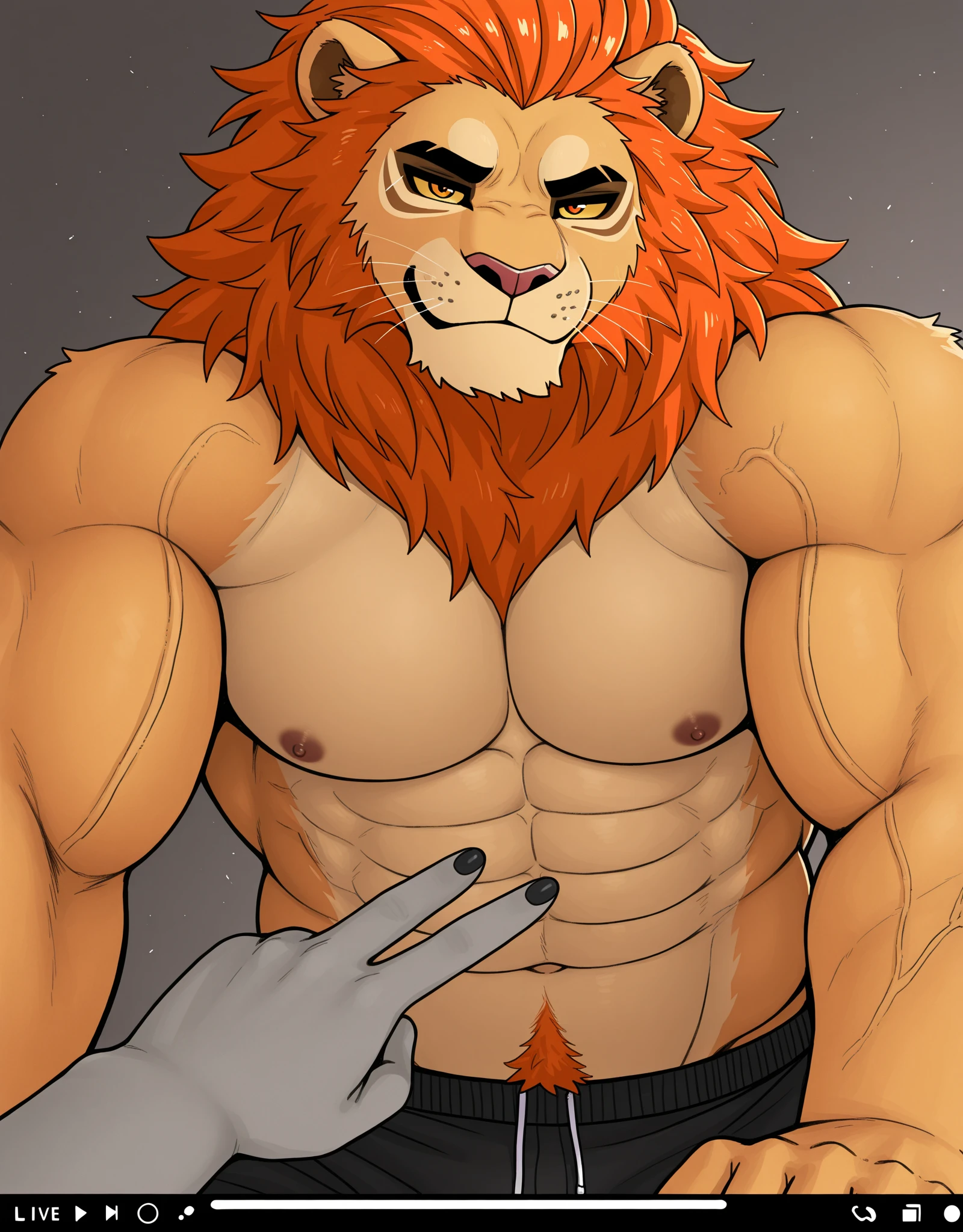 (masterpiece, 4K, ultra detailed), lion furry, masculine, shirtless, white background, handsome, athletic, blush, cute, eight-pack, front view, naked, blue eyes, illustration, vibrant colors, anime teen, short messy hair, red hair, penis, foreskin, balls, huge precum