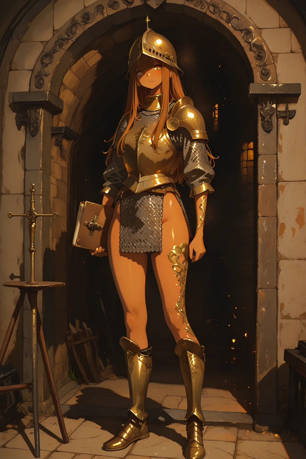 (masterpiece), best quality, expressive eyes, perfect face, tall, sexy body, tan skin, large breasts, in front of a quest board on a wall in a tavern background, annoyed looking face, standing, smooth brown hair, very revealing leather armor, 1girl, brown panties, leather full body harness, cleavage fully visible, sexy body, 