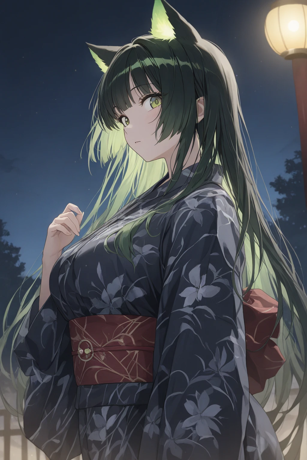 1girl, bangs, breasts, cleavage, collarbone, green_eyes, kimono, moon, (cinematic, atmospheric:1.3), oni, samurai, green_hair, horns, japanese_clothes, kimono, large_breasts, long_hair, looking_at_viewer, open_clothes, solo, upper_body