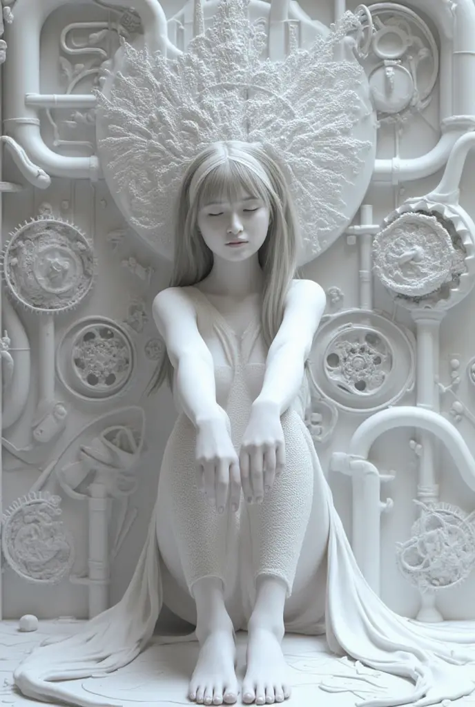 <lora:icescultpures:1.0>, icescultpures, ice statue, ice figurine, transparent, blurry background, 1girl, blush, lineart, long hair, monochrome, solo, very long hair