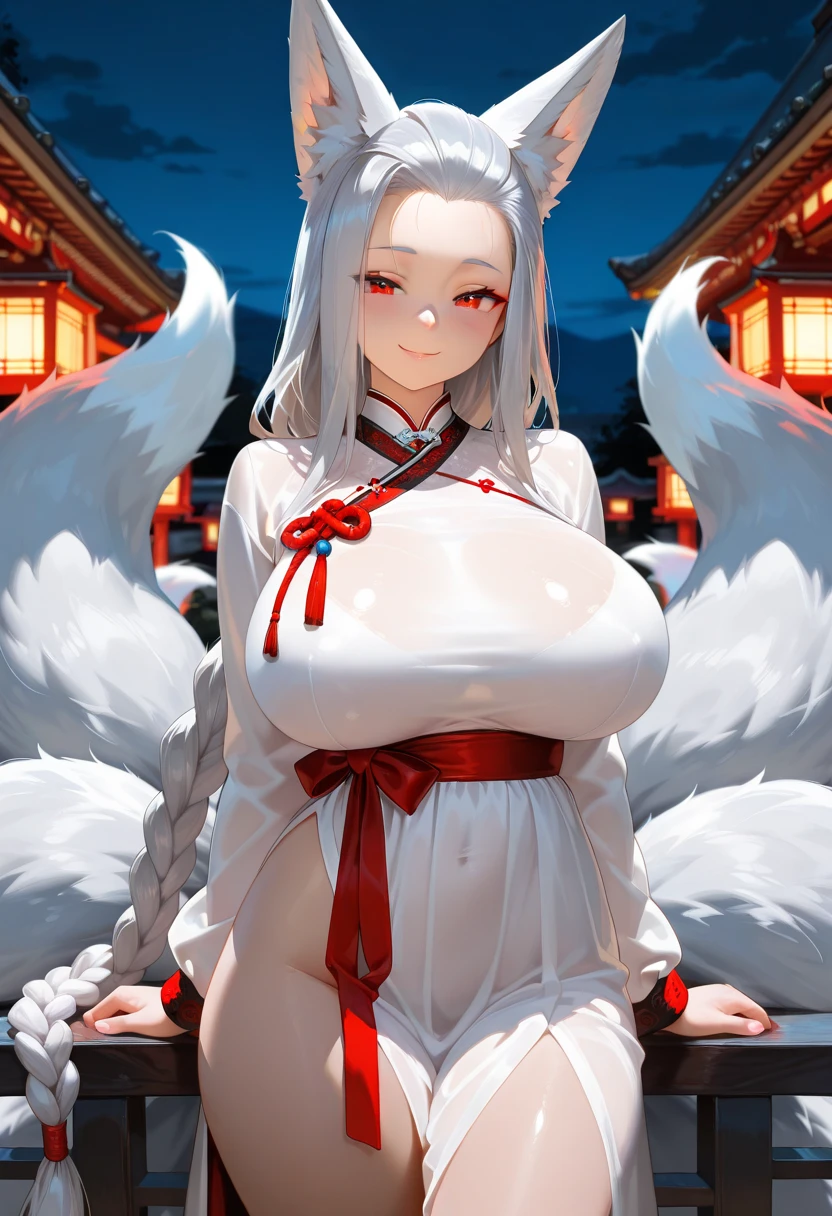 Fox girl extreme muscular body, shrine maiden outfit, fair skin, fox ears, 9 fluffy fox tails and gigantic breasts.