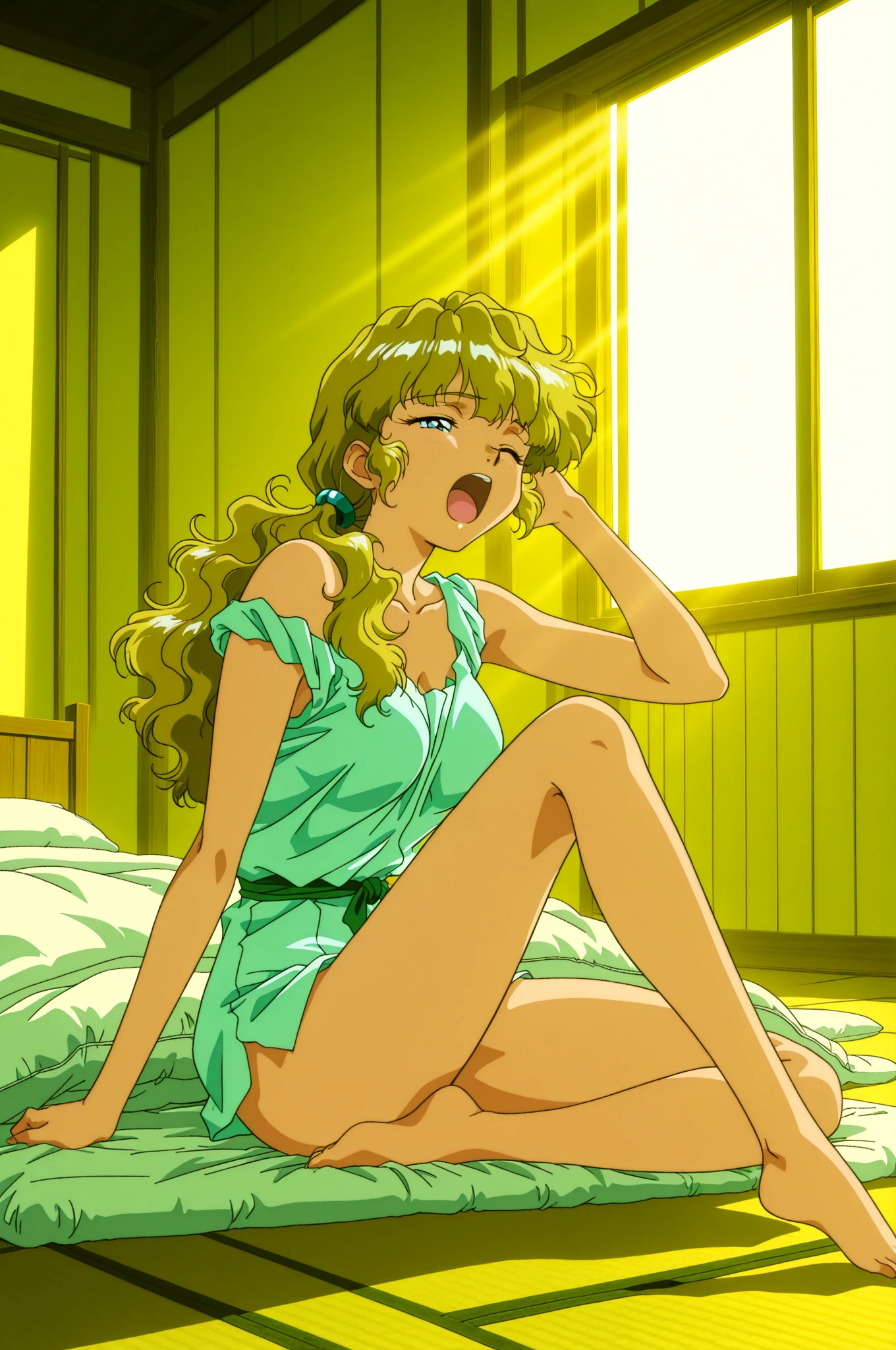 (masterpiece, best quality, 32K ultra HD animation, super high resolution, artistic shading, 1980s /(style/), accurate human anatomy, perfect anatomy, NSFW-14),
(side view, bottom view), full body shot, (looking at camera),
(full nude), mature woman, solo,
(blonde, long hair, long curly hair, hairband, hair ribbon, bangs, ribbon, beautiful eyebrows, green eyes, bold, smirking smile),
(full nude),
beautiful clavicle, (big breasts; 1.6, firm, firm), beautiful hands, (beautiful fingers, 4 fingers, 1 thumb), slightly wide hips; 0.7, slightly large buttocks; 0.8, beautiful_legs, beautiful_knees, beautiful_calves, (beautiful_toes, 4_toes, 1_thumb), bare_feet,
(showing off, realistic_pussy), (realistic_anus),
(lying down, hands out, legs wide open, lying on back on bed),
(bedroom scene, sandy beach outside window, clouds in the distance, sea in the distance, white_sheets, big_bed, white_pillow, sunlight through window, morning) , core_9_up, score_8_up, score_7_up, score_6_up, source_anime,