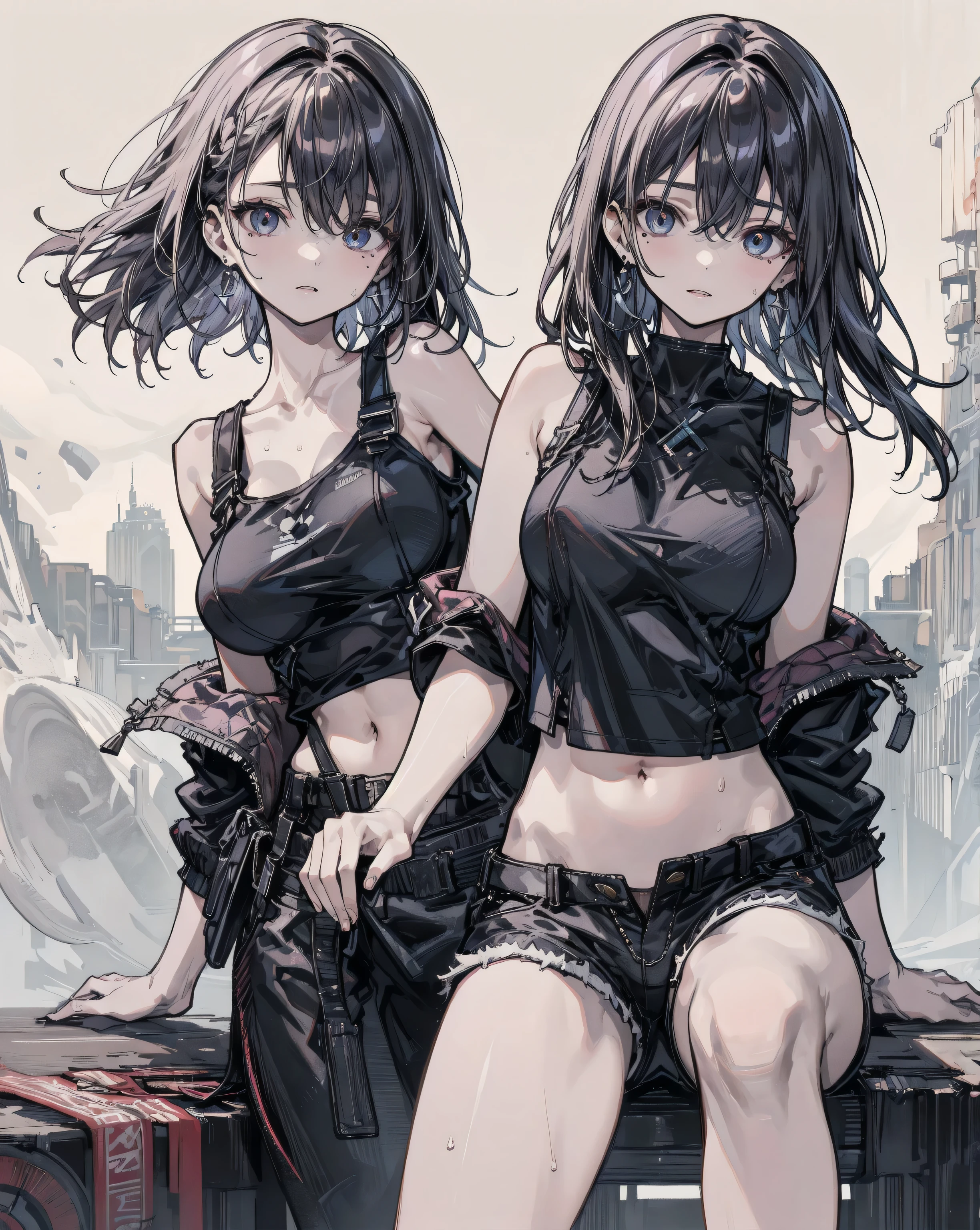 NSFM1.9、
Highest quality、masterpiece、Arc Records characters Ariel、Wearing black pants、I can see her thighs、The belly button is visible、Wearing a black leather jacket、