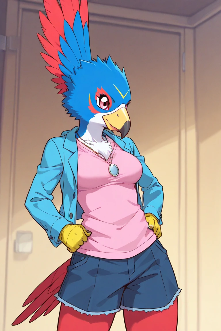 Falco, wearing a (cardigan white shirt and jeans), winged-arms, full body, female, medium breasts, wide hips, flirty pose