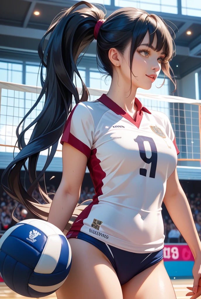 (masterpiece,highest quality,超A high resolution),japanese woman, (((very beautiful 20 year old girl))), pretty girl、look at the photographer、 ((beautiful low ponytail)), super cute face, glossy lips, double eyelids in both eyes,natural smile、 natural makeup, long eyelashes, Shiny and smooth hair、center image, perfect limbs, perfect anatomy,(((soccer uniform)))、(wet with sweat),,beautiful breasts,See-through,,turn around and look back