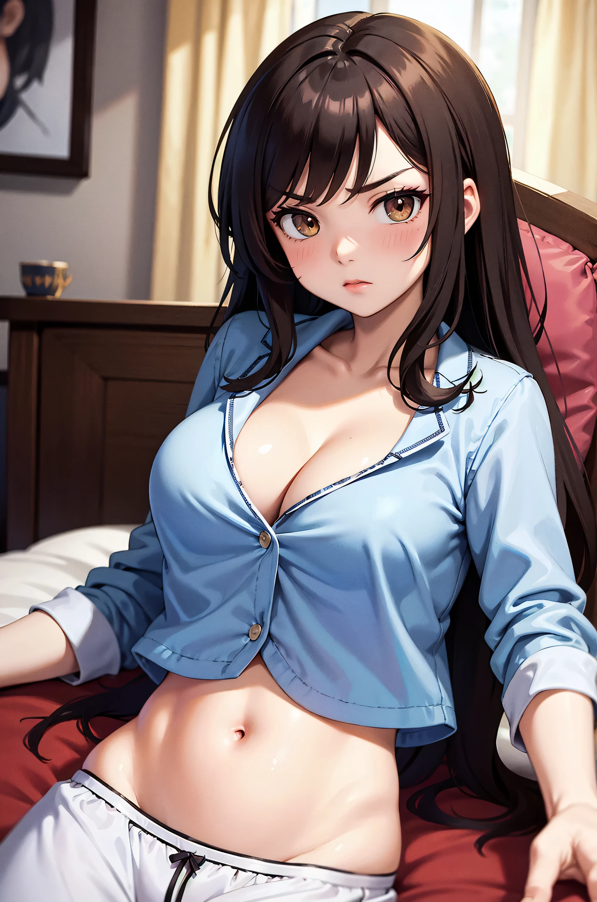 Her appearance resembles Asuka from Eva, but she has large breasts.、She was slim and wore a men's shirt unbuttoned.、Sitting on the sofa in underwear without pants、The cameraman holds out his hand and tries to pull it.
