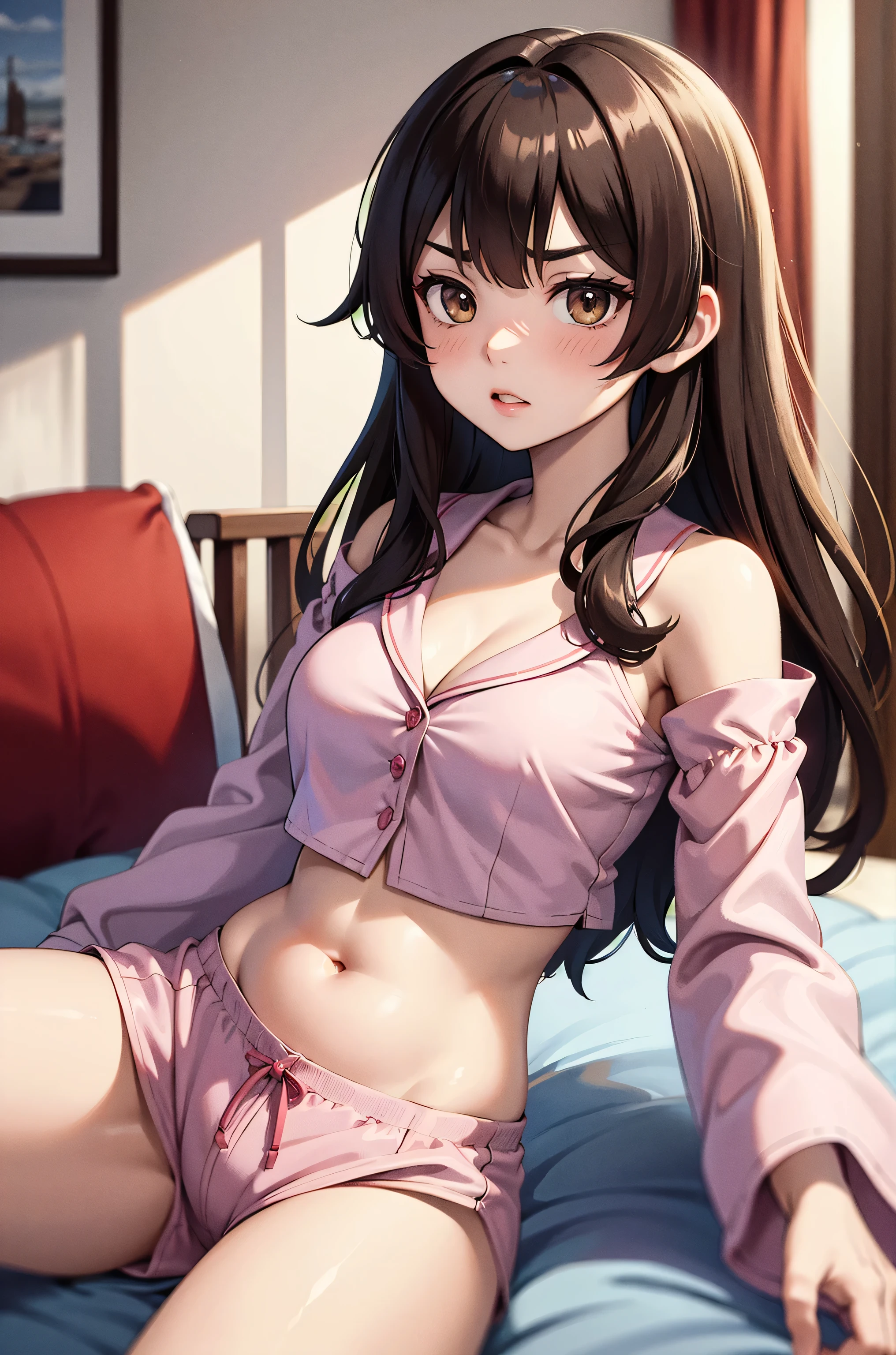 ((Tabletop, Highest quality, High resolution, , Pixel Perfect, 4K,))), 1 female, 、The whole body is visible、 ((Long Wavy Hair, bangs, Brown Hair)), ((Brown eyes, Beautiful eyelashes, Realistic eyes)), ((Detailed face, Blushing:1.2)), ((Smooth texture:0.75, Realistic texture:0.65, Realistic:1.1, Anime CG Style)), Medium sized breasts, Dynamic Angle, Perfect body, (( , , White camisole、No bra、、 Pink lace panties、、)), Gold Hair Ornament、Cross Necklace、、Very embarrassing panic smile, 、、、、、、Nipples are slightly visible、Rub your breasts with both hands、、、、Stick your butt out、Luxurious apartment living room、Lying on the sofa、、Spread your legs、、、、、、 、)、
