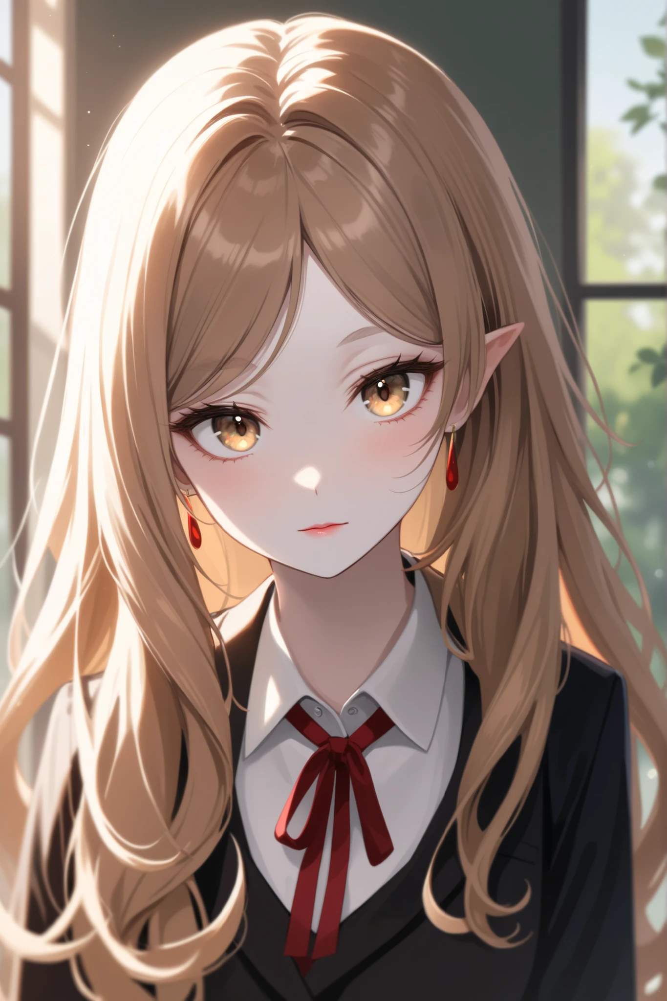 Girl, long wavy and straight light brown hair, olive brown eyes, sharp features, white skin, a glimpse of light cherry lip gloss, beautiful, perfect, wearing a formal school uniform, elegant looking, bright colors, high quality resolution .