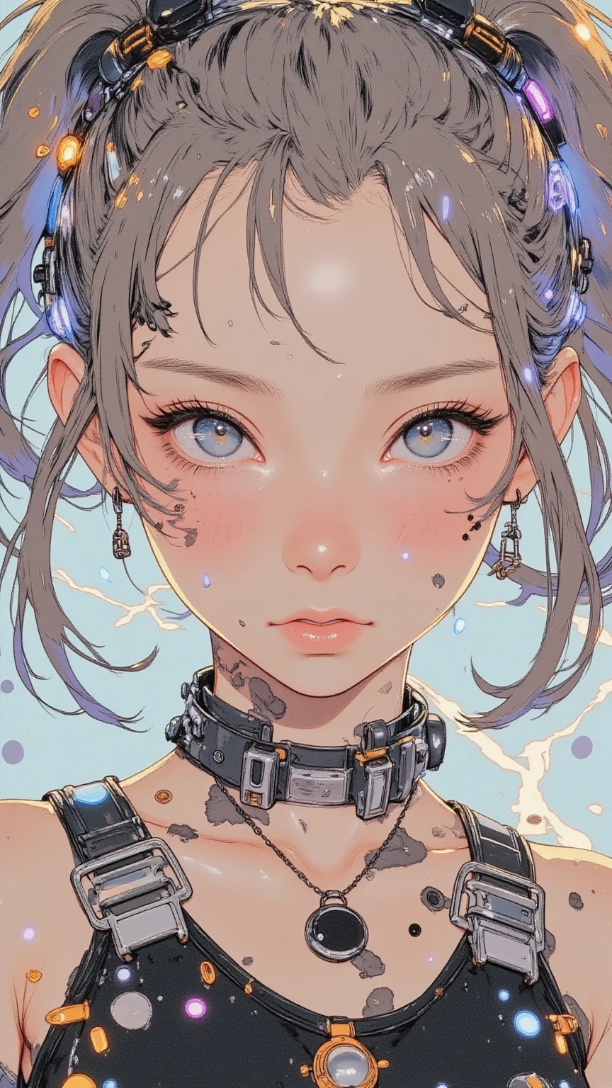 masterpiece, 1girl with black short messy hair, punk style, big honey eyes, ultra detailed face and eyes, embarrassed face, freckles, 8k, ultra hd --auto --s2