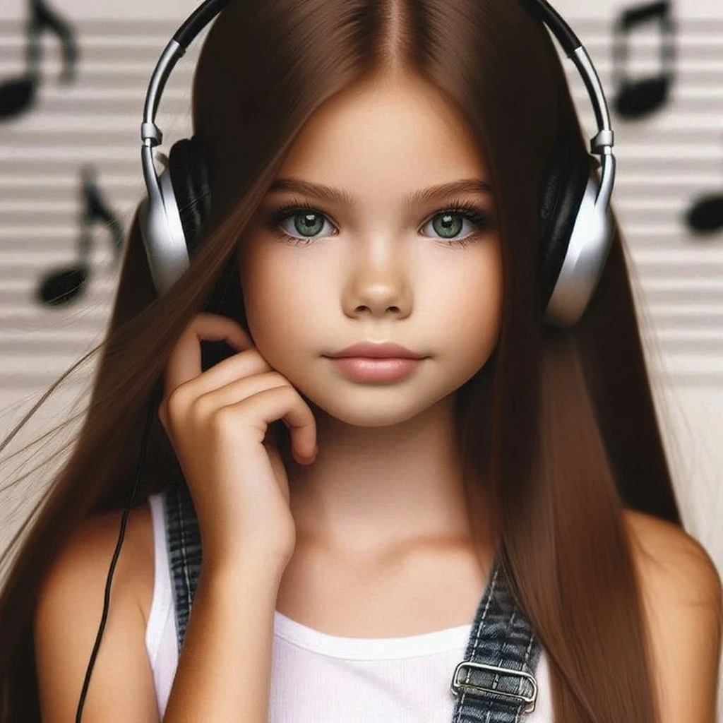 GIRL child 12 years old, RUSSIAN BLONDE long hair and headphones, portrait, SILVER LEATHER JACKET, VINYL AND CDS red background.