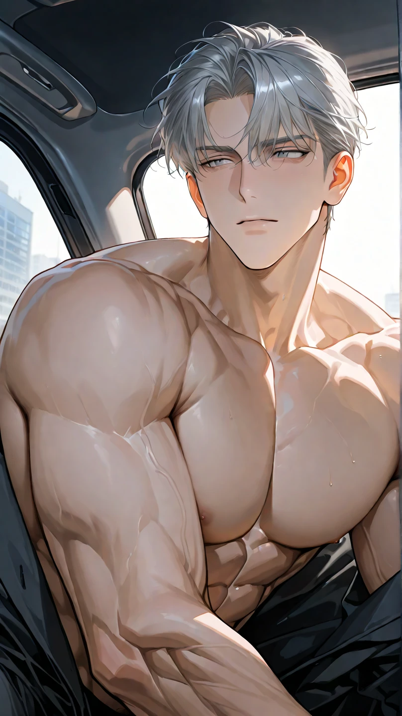 ((the best quality)), ((Masterpiece)), (details), perfect face, high definition, Masterpiece,4k,details clearly, Handsome face, white skin, perfect body, male body, strong muscles, abdomen, blue eyes, white skin, The most handsome man in the world, handsome, The coolest face, Male characters, close image (1man, shirtless), young man, mischievous smile, Extremely muscular tall man, open your eyes ((detailed eyes)), huge, muscular body and Massive, bulging pecs, muscular abs, narrow waist, short hair, blue eyes, delicate big eyes, carefree expression, clear face, handsome (detailed face, perfect face) ((extremely realistic shadows, bodybuilding posture, human, ((22-year-old young man)), V shape, athletic pants, athletic, Shirtless, Sunlight, Street, lower pants, topless, close up look, CG sense, Textured skin, the best quality, Storytelling images, lower your pants, show Panty line, Show your abs, show arm muscle, white hair, shining blue eyes, eyes contact