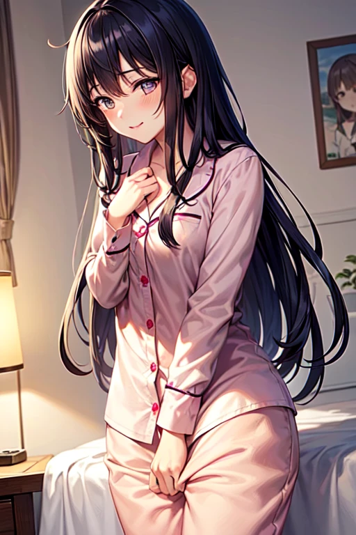 Girl,cute,cute,Chest to head,smile,Straight Hair,Long Hair,Black Hair,sitting,Bedroom,pajamas,Open front,Bra is visible,looking at the camera,Raise your arms,night