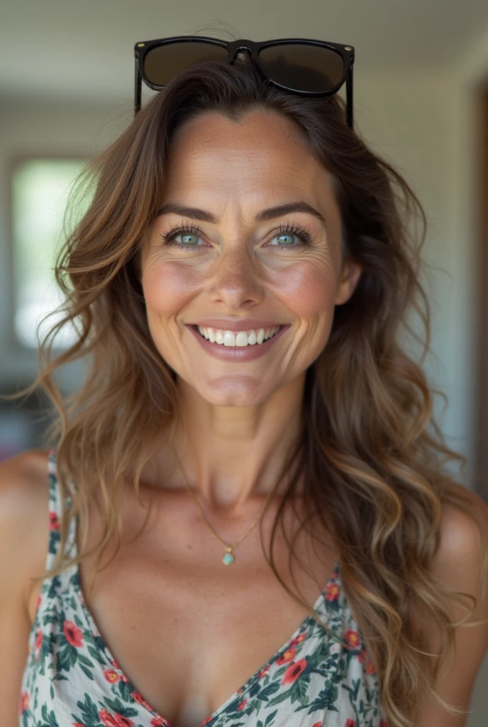 50 year old woman, bright blue eyes, (photorealistic:1.4, extremely complex:1.3, radiation, photon mapping, dtx, 8 K), ((((heart necklace close up, White T-shirt, wet, [medium breast:Big breasts:0.8])), wet, [Skin detail:freckles:0.7], natural), Bock effect, blurred background, Focus on face