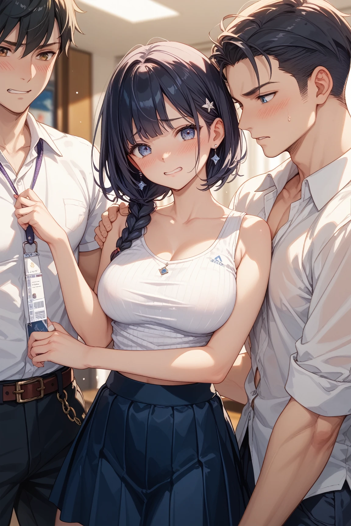 Sleeveless,Sweaty,A perfect smile, (Perfect Anatomy, Anatomically correct, Highly detailed skin), Cute and symmetrical face, Perfect Face, Perfect Eyes, Perfect Fingers, Five Fingers, ((Hairstyle,Inner Color,money,Bobcut))take off your clothes,Street Corner,Dark Night,((Shoulder bag,Please wear it diagonally over your shoulder...)),Clothes are open,((Large Breasts)),mini skirt,Sexy Breasts,(((Surrounded by men,Shoulder grabbed,Clothes are pulled)))Frightened expression,