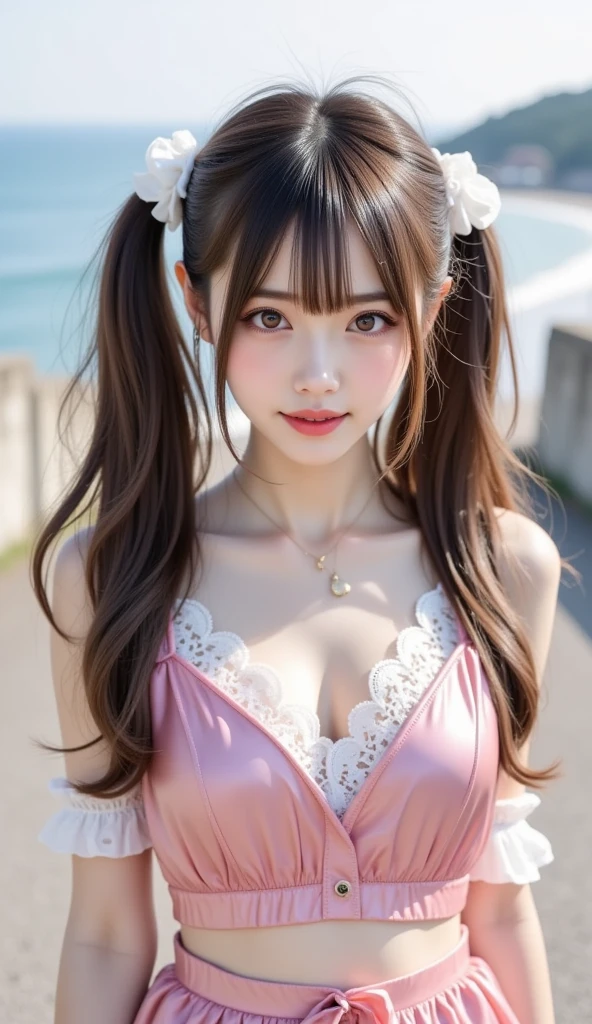 adorable, 12 years old,,   in the Japan, (Ruffled tanktop:1),  curly hair, hair scrunchie, twin tails, (smile:1),    (highly detailed skin:1),   (highest quality:1.0), (ultra high resolution:1.0) ,(photo-realistic:1), (Super detailed:1.0), (8K RAW photo:1.1),looking at the viewer,(upper_body:1.2),downblouse, medium breasts