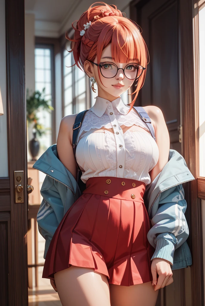 anime (Kampfer), teen lady , sexy (very big boobs), actress (Akane Mishima) , orange short hair to shoulders length , green eyes , collar, knee highs, hairband, glasses, tie, school uniform, watch , She was waiting at the door of the high school