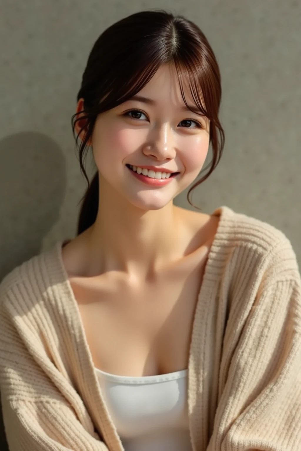 masterpiece,best quality,(Japanese ),((Beautiful girl)),cleavage,indoor,(perfect body beauty:1.2),(shy smile),beautiful teeth,