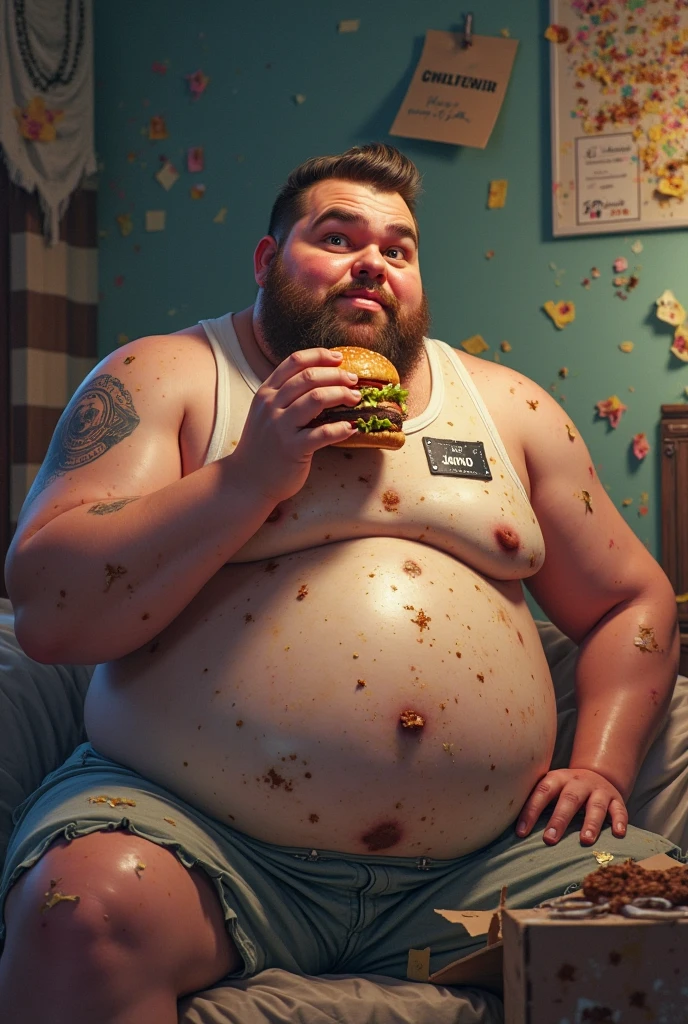 Fat man eating a huge cheeseburger, lie down in bed and sleep, colorful, Realistic,gnaw,,Super huge,The pillow is a hamburger