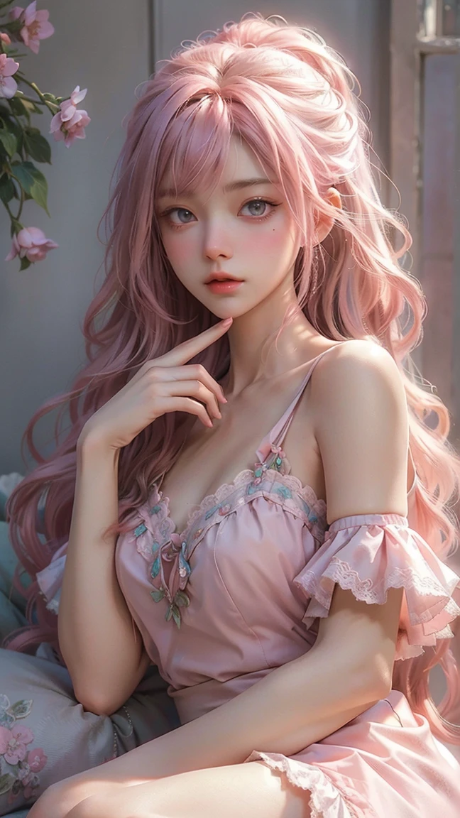 Sexy half naked,Pink hair sleeps on a big bed of roses with diamond gems and shiny huge ,