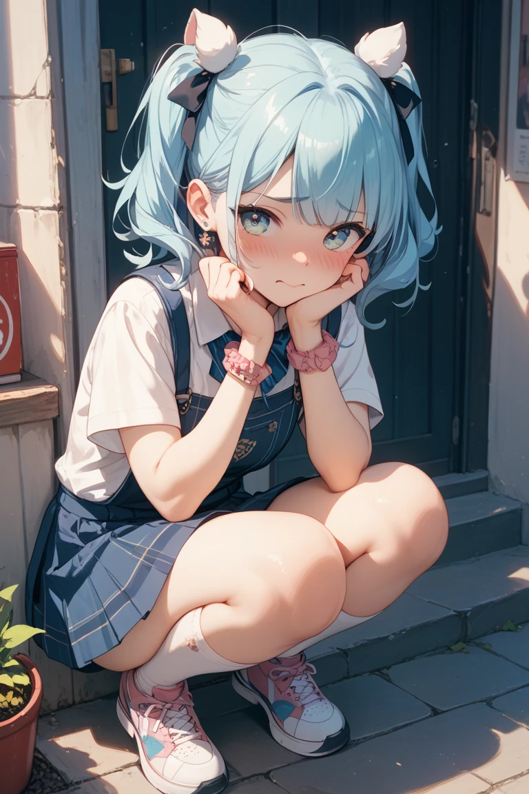 Realistic, Lip gloss, Realistic, Highest quality, Ultra-high resolution, depth, pastel colour, Natural Shadows, Focus on the face, Just a face, Looking at the audience, Short Hair, Blue Hair, Blue and narrow eyes, (masterpiece, Highest quality), 1 Girl, alone, from the front,
(shut up), smile, Part your lips,
Shiny skin, Thick thighs, White panties,
, Serap, Pleated skirt, loafers, loose socks, squat, indoor, Looking at the audience, Anatomically correct