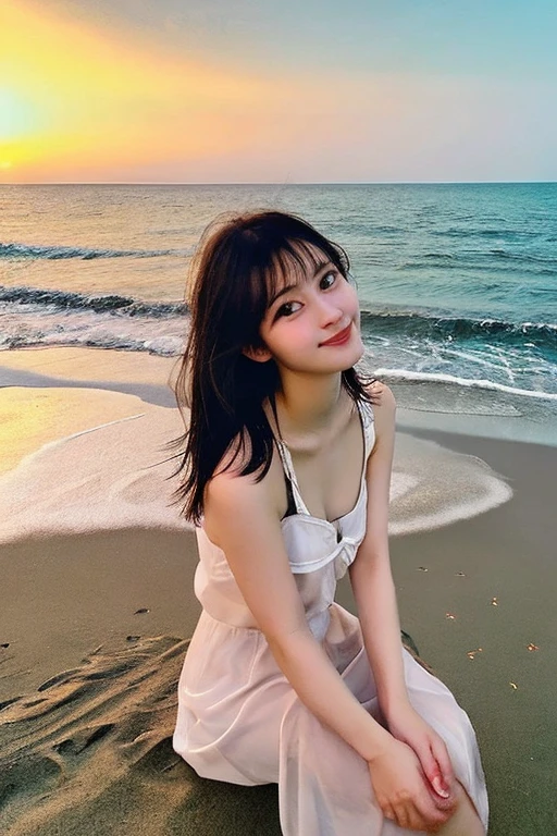 closeup shot , Best picture quality (8K, high resolution, Masterpiece: 1.2), super detailed,  215 Short Hair, 16-year-old woman, 

situation: Relaxing while watching the sunset on Senaga Island in Okinawa。
clothing: Elegant summer dresses、Sandals for your feet。Hair tied up loosely、Let it flutter in the wind a little。
angle: With the sunset as a background、Photographed from the side to highlight the silhouette。Sitting posture and、Close-up of a person&#39;s profile gazing at the sunset over the sea。A full-body shot of the subject standing with the setting sun behind them is also effective.。
Close-up of face

, random cute pose ,big eyes ,Puffy eyes ,  Heart Pupil, blush  , huge shy smile , salute

