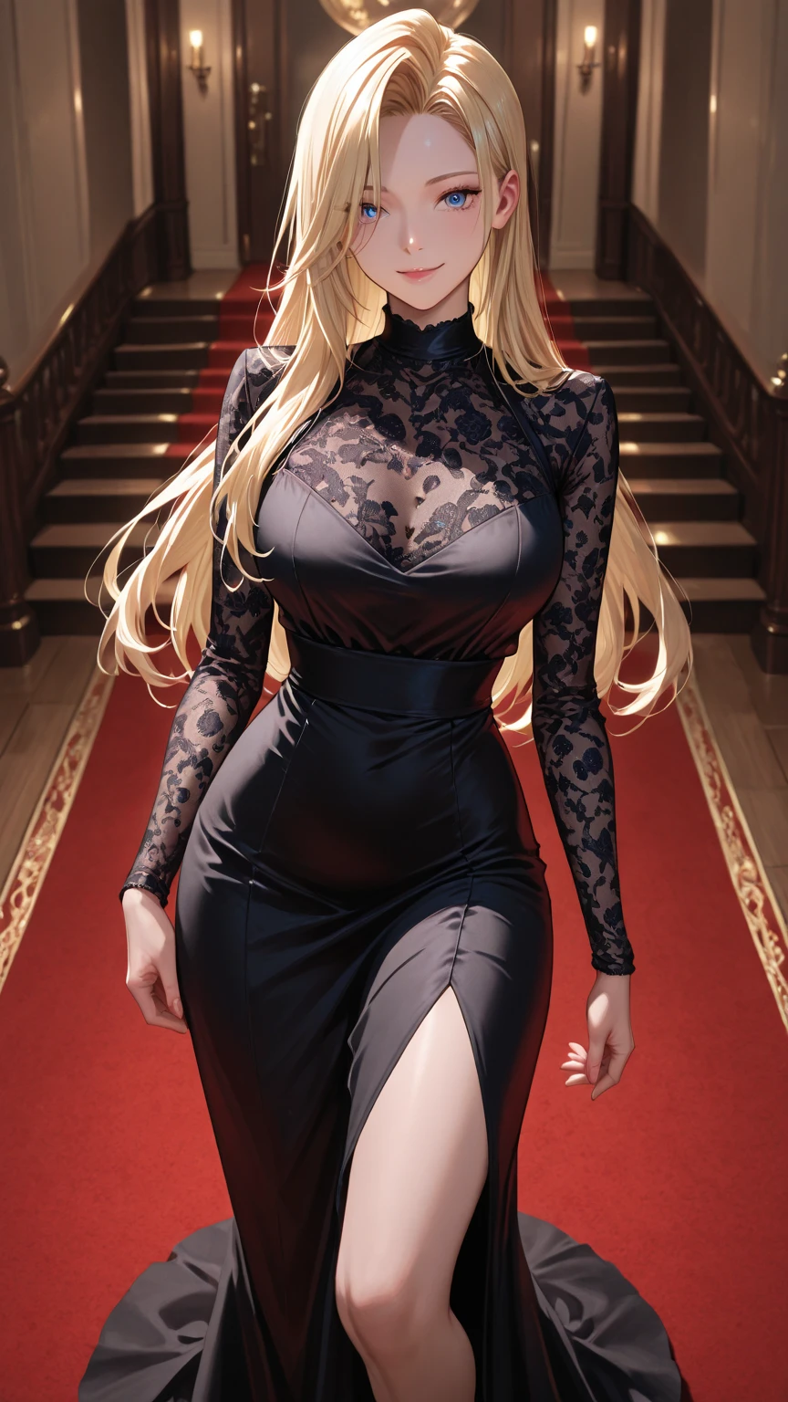 beatiful girl,smile,red lip,eyeglasses,sexy face,black dress,blonde,long hair,realistic art,very detailed