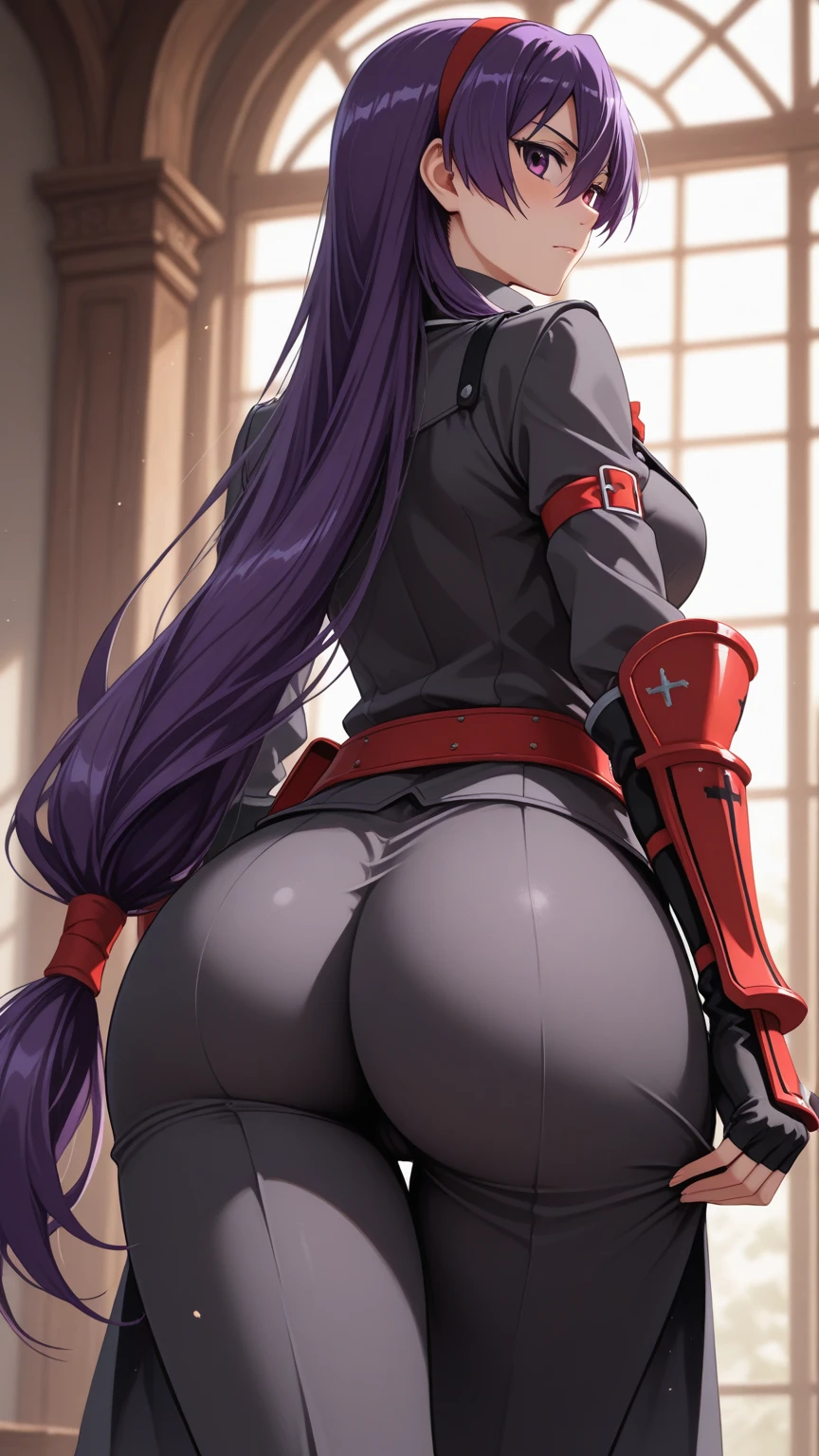  anime girl kafka (honkai star rail) busty  with thick thighs and big ass bigger than thighs and head and body , ass view, hyper ass with  long hair 