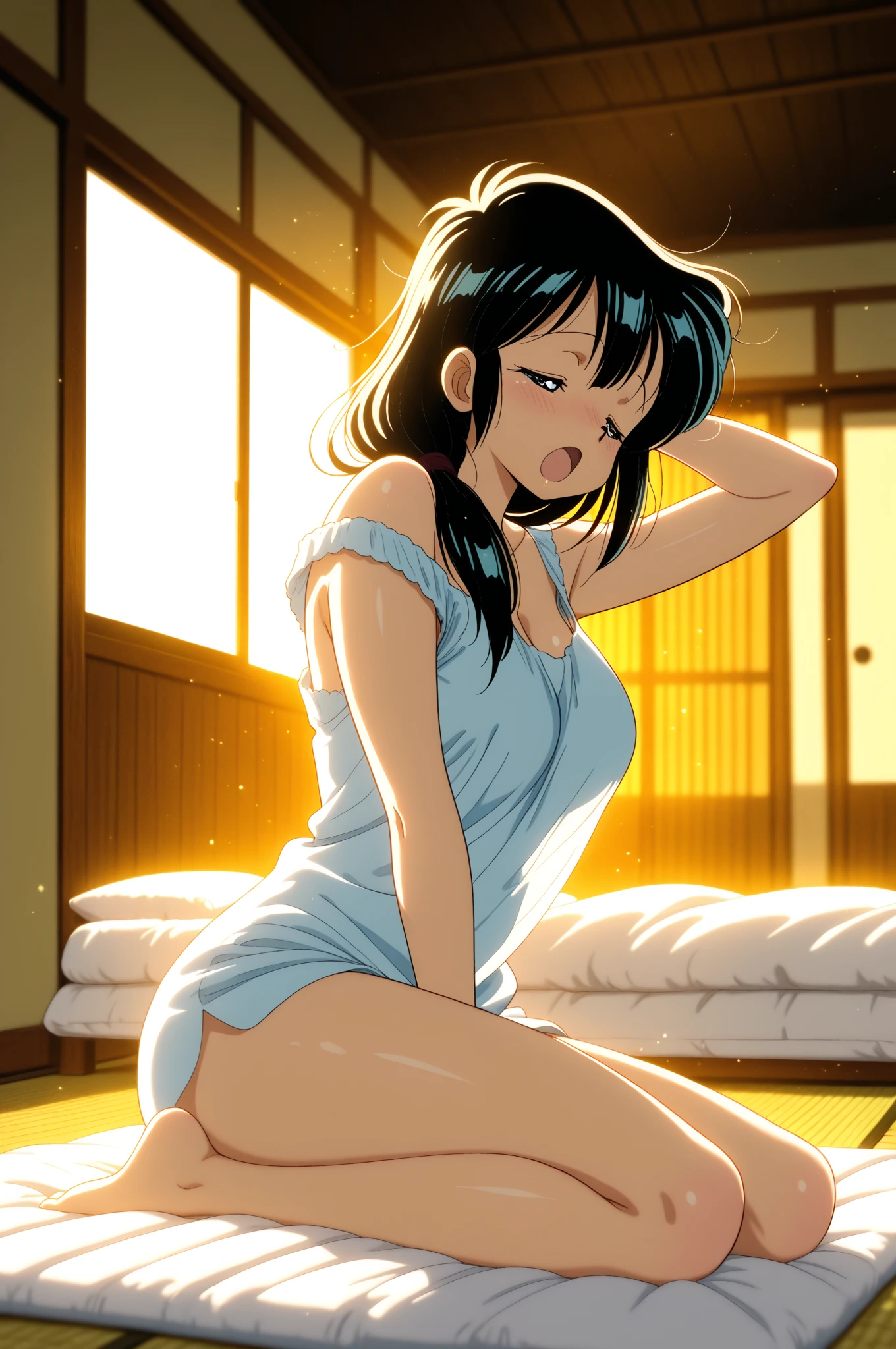 alone , (amano yoshitaka:1.4),(haruhiko mikimoto:1.4),1 girl,(80&#39;s:1.2),(sketch:0.8),(watercolor:0.6), (realistic:0.8),Masterpiece Top quality Super detailed detailed light Very delicate and beautiful , spread your legs ,Sweat,  wet skin, camel toe, Bedroom, NSFW, nude, black hair, sitting on the bed, Arms behind the legs,

