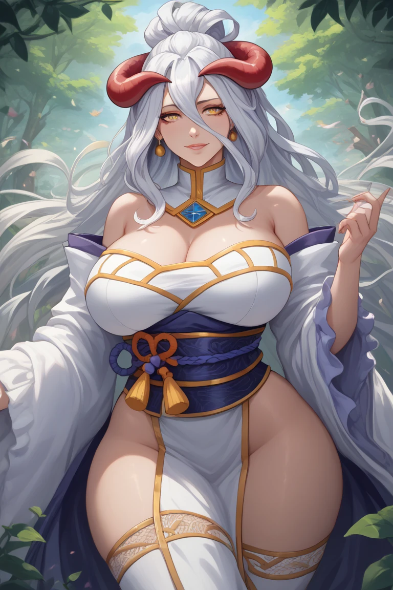 White hair, divine aura branch. goddess of the moon, serious face, breasts on display, large bust