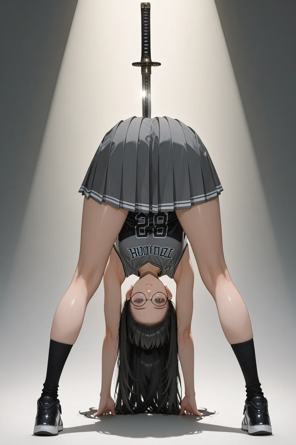 (high resolution:1.3), (16k, Detailed Images), Naked girl doing handstand in classroom、Gray Hair、long hair
