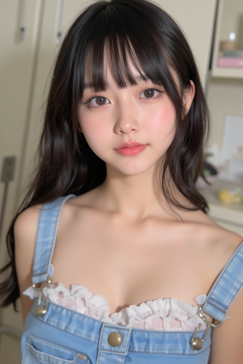 (best quality, ultra high res, photorealistic:1.40, natural backlight, selfie), (petite lilymaymac:1.5)
 Intricate Bun Updo hairstyle , cute makeup, 
Natural beautiful detailed eyes:1.1, 
 Natural beautiful detailed lips,  (hostess mesh uniform:1.6), (small breast:1.5), (wide cleavage:1.5), Street,
 kind smile facing the camera,
 Highly detailed skin texture,
 vivid colors, (SFW:1.5),
 sharp focus, kind smile