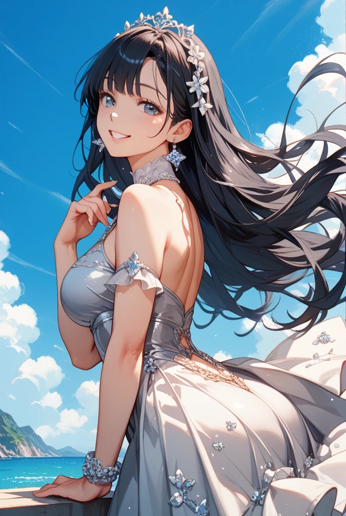 High resolution, Long Hair, Black Hair, Open your mouth a little, Highest quality, High-resolution model, Very detailed, Textured skin, Shiny Hair, Gradient color hairstyle, chest, 大きなchest, smile, smiling, Wide-angle shot, Lots of white space, far and near method, Floating from the blue sky,More backgrounds