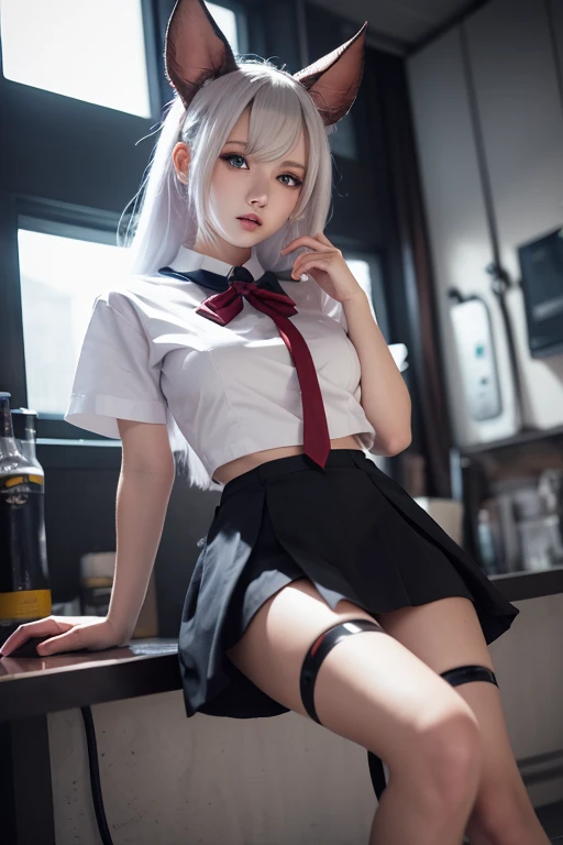 （Extremely normal posture）Japanese-style town：1 Elf beauty，JK school uniform，(Elf long ears)， (Short silver-white hair，Half-tied ponytail)，eye shadows，(Uniform for female high school students)，eardrop，Short plaid skirt，(Black sport socks：1.9)，(slippers)，Jade foot，depth of fields， A high resolution， ultra - detailed， filigree， RAWE is very detailed， very detailed eyes and faces， Sharp pupils， realistic pupil， tack sharp focus， cinmatic lighting，full bodyesbian，Bigboobs，long leges，From the front side，dynamicposes，Normal posture，closeup of face