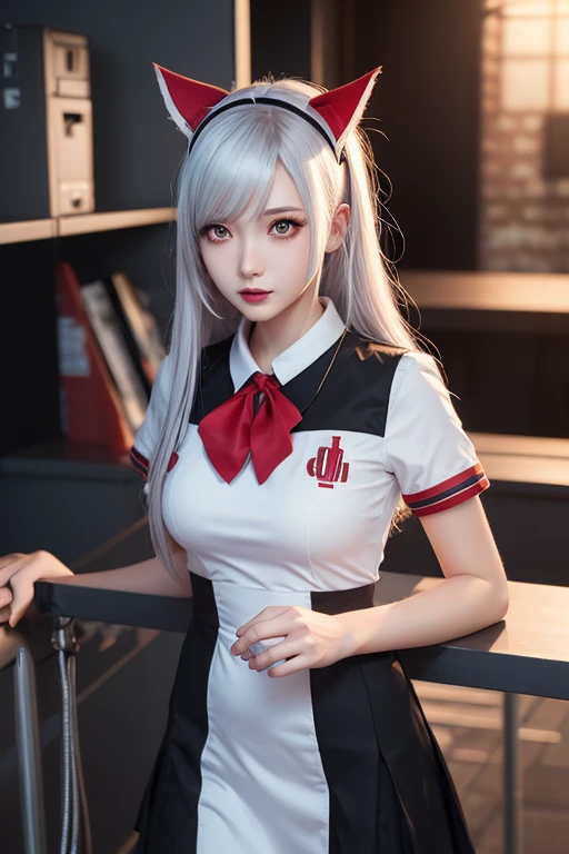 NFSW, Masterpiece, best quality, 1 girl, RH, Hoshino Ruri, kidou senkan nadesico,, golden eyes, silver hair, twintails, medium hair, red hair bobbles, long sleeves white shirt, wing collar, black tie, orange jacket, emblem, black socks, Small breasts, From before, Look Away, Looking away, Without skirt, No panties, The genitals are visible, Spreading her legs, High definition, Expressionless