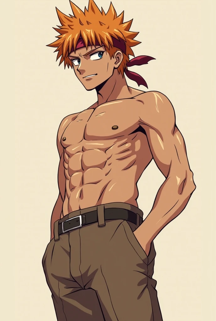 ((arte estilo anime)), (the highest image quality), (detailed strokes), Looking at the Viewer, facing the viewer , showing the whole body, , He is a 17 year old teenager, very white skin, He has slightly disheveled ginger hair , light green eyes, , muscular body , anime art style Fairy Tail , sexy face, showing off his muscular body, he is only wearing black pants, without any other item of clothing, shirtless, is shirtless showing his abdominal muscles and his swollen chest , , 8k, high quality, masterpiece, , cinematic, vivid colors, shining green eyes