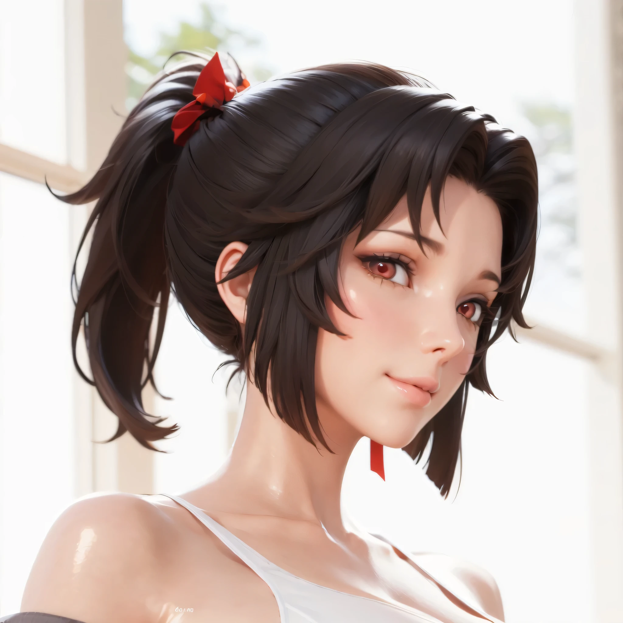 highres,best quality at best,masterpiece,quality,best quality,delicate facial features,look at the audience,there is light in the eyes,WZRYyunyingYP,(masterpiece),(best quality),masterwork,semrealistic,realistic,mature female,(wide hips:1.2),fair_skin,shiny_skin,(3d render:1.1),<lora:云缨yunying_ILV2-000016:0.8>,red eyes,collarbonea,yunying,short hair with ponytail,black hair,(thick_thighs:1.1),white_camisole,navel,grey loose trousers,white casual shoes,track_pants,1girl,kind_smile,big breasts,looking_at_viewer,
