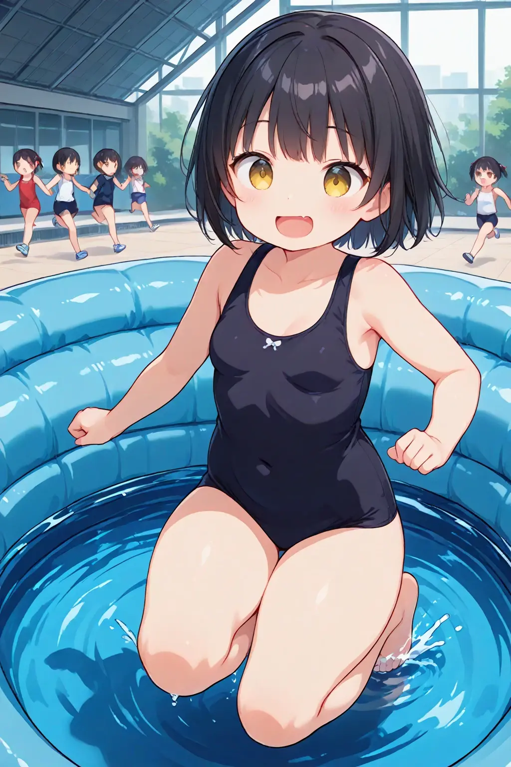 highest quality、High resolution、detailed background、masterpiece、cute10歳の美少女、(three women:1.3)、navy blue school swimsuit、brown hair、bob cut、braided ponytail、それぞれcute編み込みヘアスタイル、realistic images、perfect body line、thick thighs、show your whole body、detailed face、
(Five beautiful girls wearing school swimsuits are having fun at the school pool.:1.5)、
playfully splashing water on each other、happy look、smile、open your mouth and smile、smile、Swimsuits that glow when wet、the whole body is wet、Hair is also wet、cute