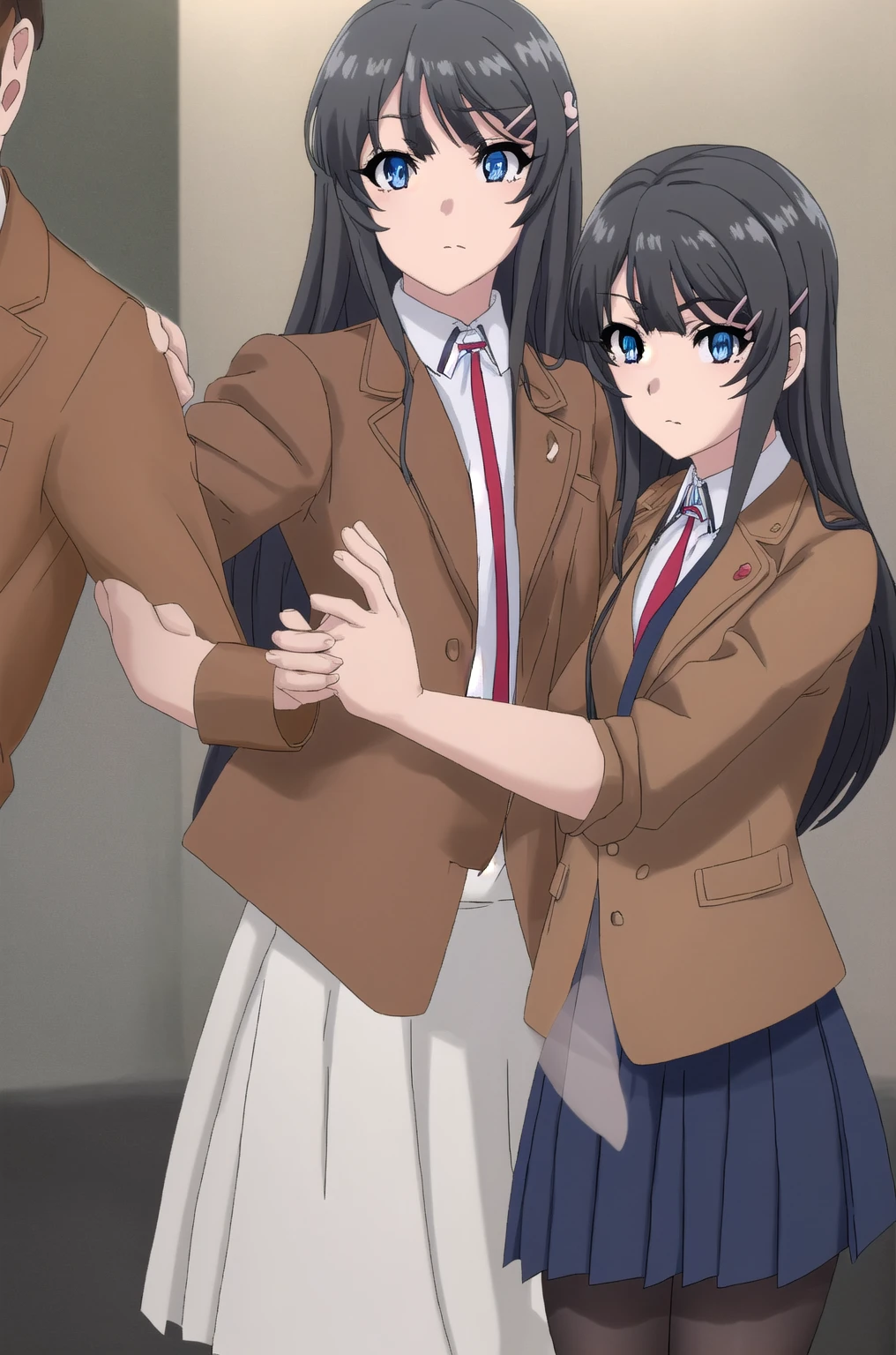 mai sakurajima, long hair, bangs, (black hair:1.5), hair ornament, (purple eyes:1.1), hairclip, rabbit hair ornament,
BREAK skirt, shirt, , white shirt, short sleeves, pantyhose, pleated skirt, collared shirt, blue skirt, black pantyhose, red necktie, jacket,
