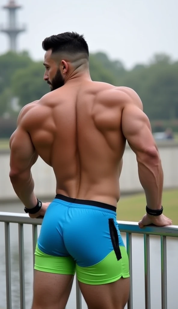 (((Muscular man))) masterpiece, best quality, high resolution, closeup portrait, male focus, solo focus, A man, 50 years old, grey hair, soccer player, football player, grey silver hair, messy hairstyle, cute and seductive face, bare chest, body hair, facial hair, roman nose, , hairy legs, cute, dimples, goatee and mustache, bold jawline , full body, sweaty, in the background an outdoor soccer football field, amazing composition, , HDR, ultra quality, elegant, highly detailed,, beautiful asd, realisric male genitalia (((Big muscles))) (((gray thong))) (((lay down))) (((backside)) man