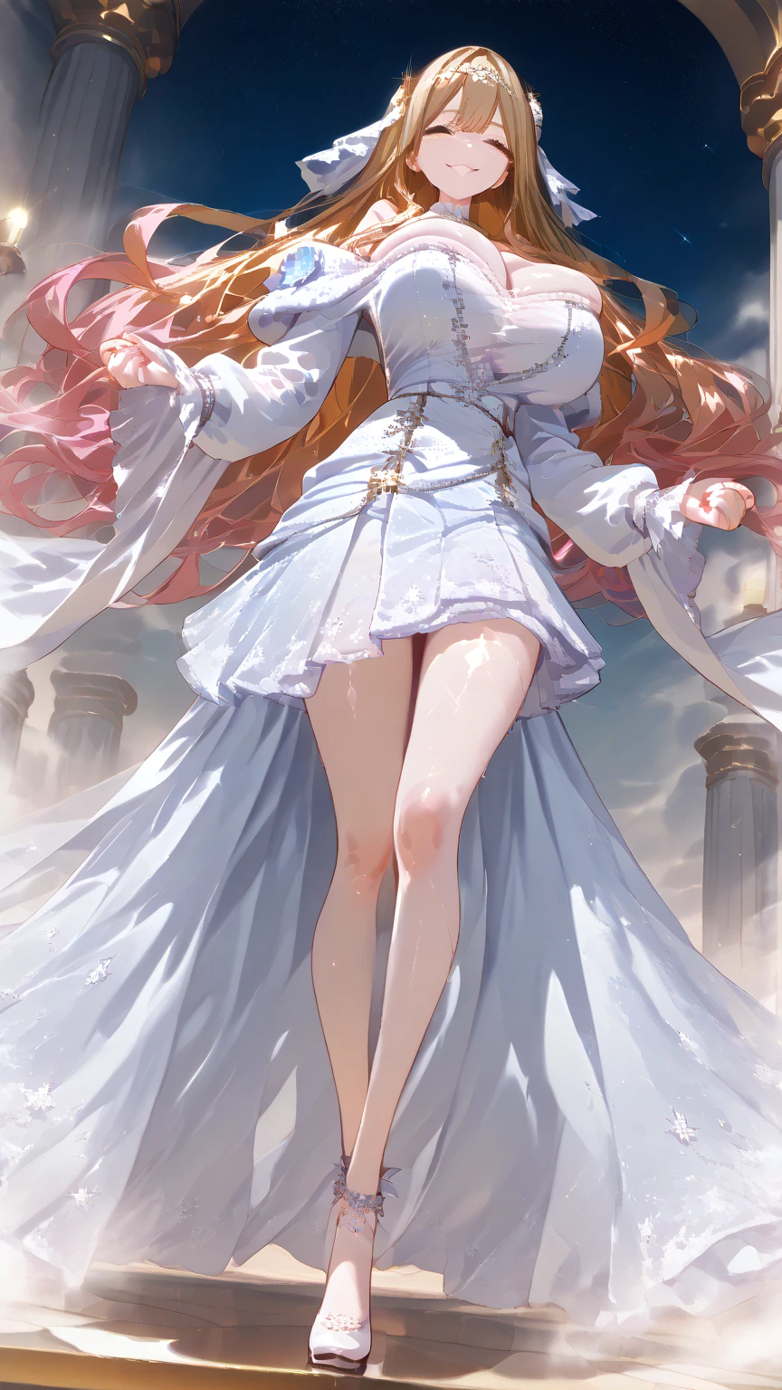Solo character, full body version, young girl, pink color hair, brown eyes, long hair, long ponytail, white long dress, Floral dress, Diamond earrings, gold bracelets, detailed shadow, white background, standing gesture, smile mouth, sad eyes, big breast