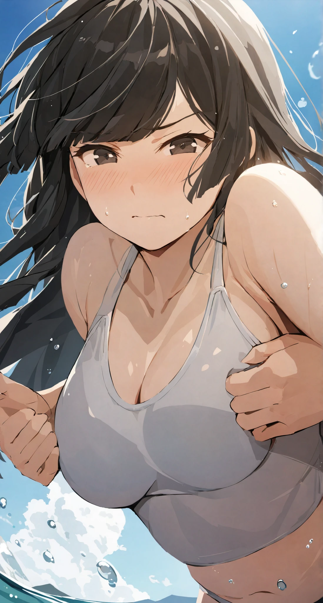 masterpiece,best quality, solo, eda, bangs, black hair, upper body,blue sky,cloud, shy expression, medium breast, hot, thicc, swimsuit , ocean, water, she is hiding her chest, she is shy, embarrassed
